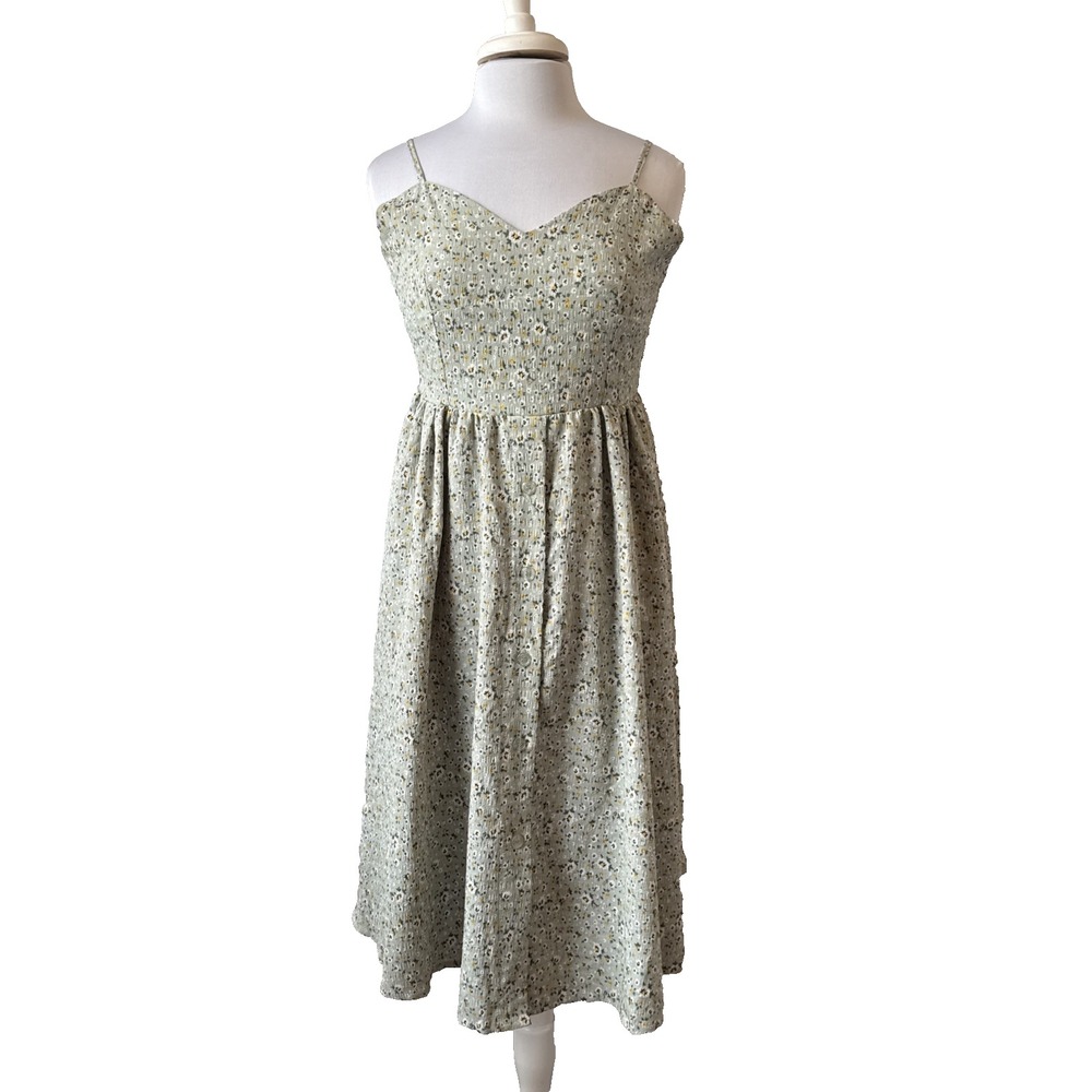 Cottagecore Green Floral Smocked A Line Sweetheart Neckline Dress Women's L Boho